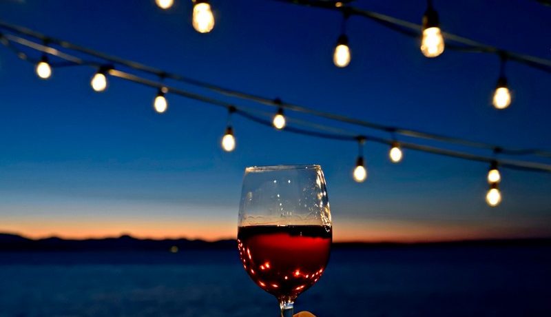 personne qui tient un verre de vin devant la mer