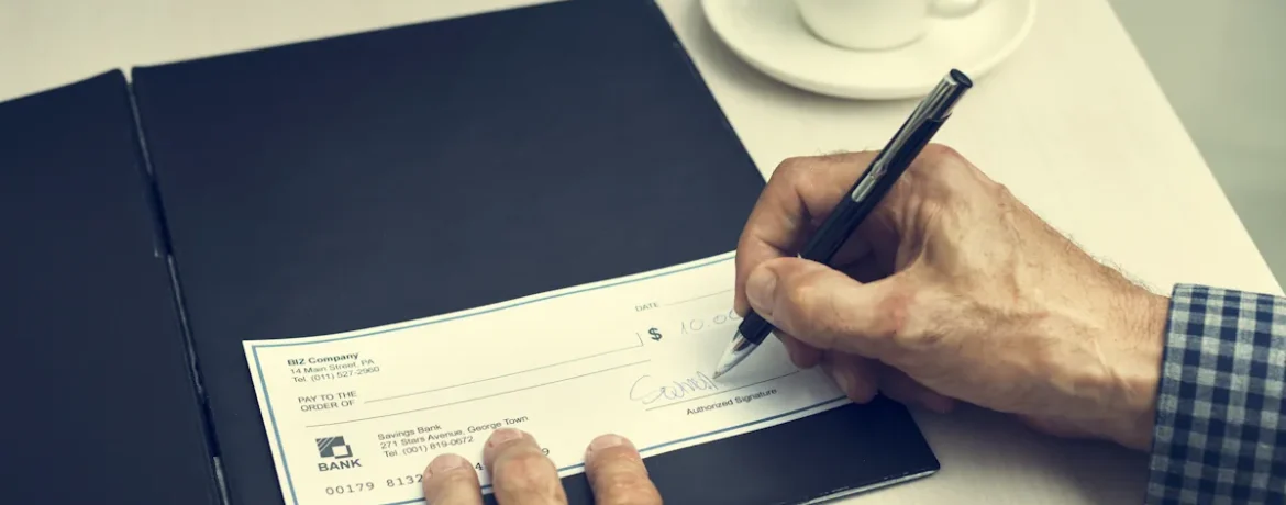 Une personne qui écrit un chèque près d'une tasse de café