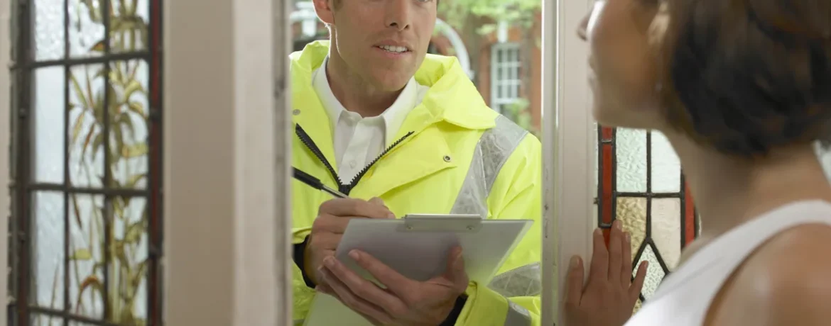 Un homme en gilet jaune qui discute avec une femme sur le pas de la porte