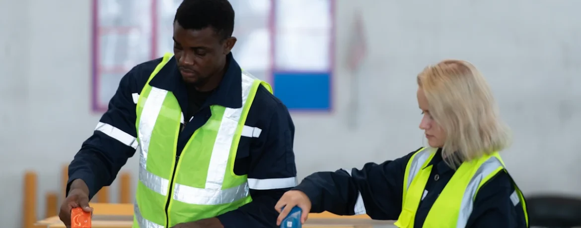 un homme et une femme en gilet fluo qui vérifie des colis