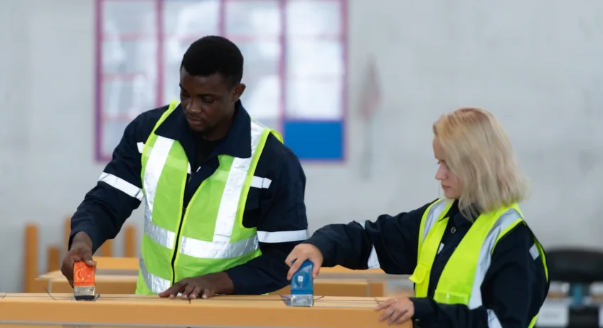 un homme et une femme en gilet fluo qui vérifie des colis